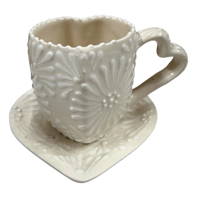 Heart-Shaped White Glazed Taza De Barro Clay Cup and Saucer (10 Oz) – Handmade in Mexico For Sale