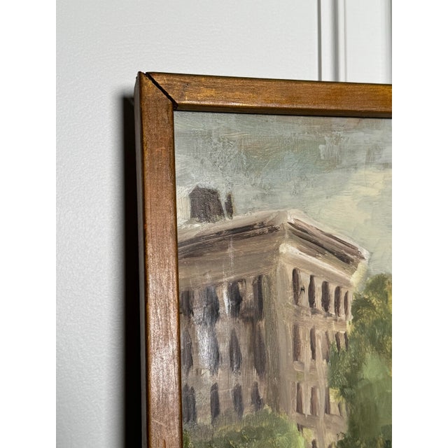 Vintage Cityscape Bridge Still Life Framed Original Oil Painting, Green, Brown, Cream For Sale - Image 9 of 12