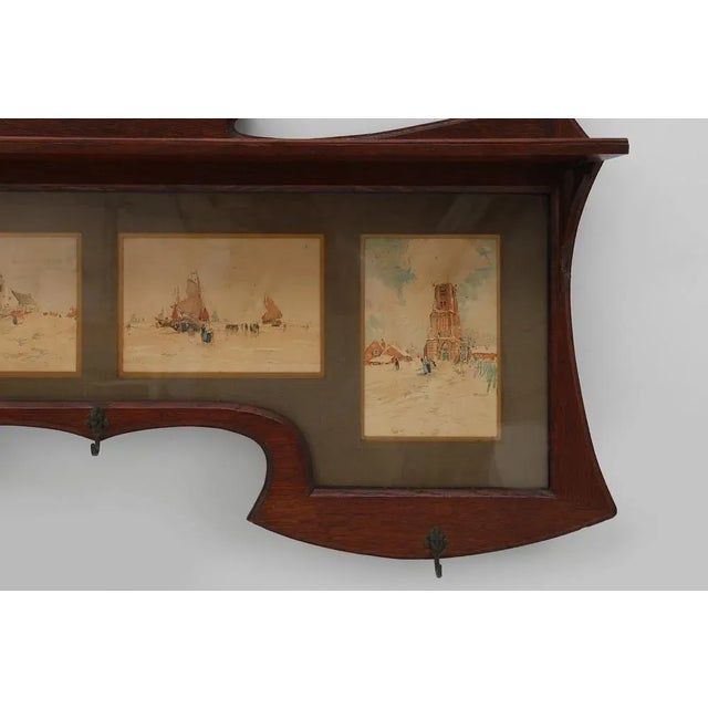 Art Nouveau Wall-Mounted Coat Rack with Framed Watercolors from Cassier, Belgium, 1905 For Sale - Image 11 of 15