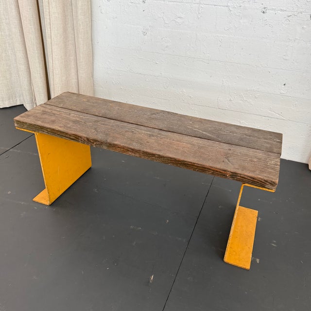 Contemporary Late 20th Century Industrial Pine Wood and Yellow Steel Slat Bench or Coffee Table For Sale - Image 3 of 7