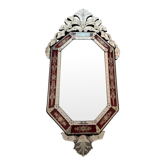 Wall Mirror Red Venetian Octagonal Etched Glass Floral Hollywood Regency For Sale