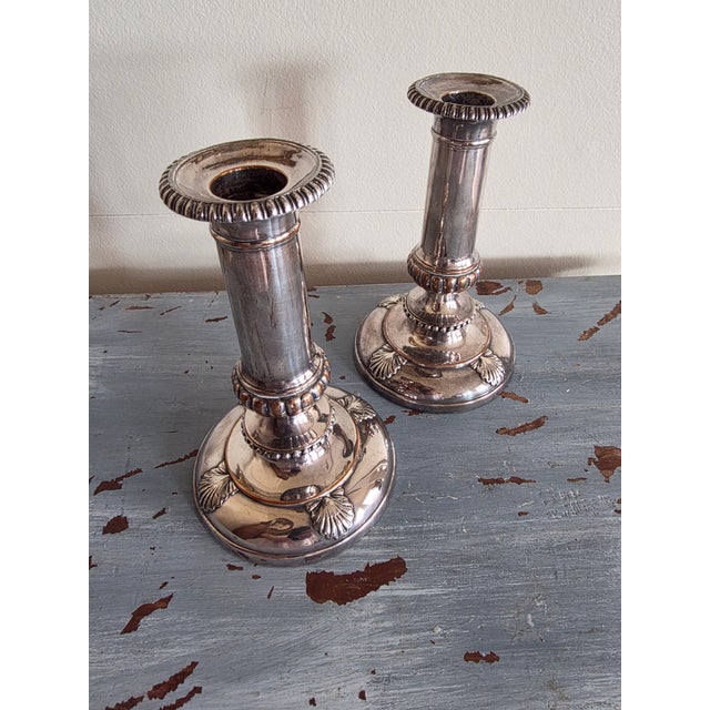 Late 18th Century Pair of Antique Sheffield Silver Plated Candlestick Holders With Shell Design For Sale - Image 5 of 12