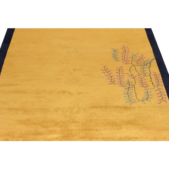 Rug & Kilim Vintage Chinese Deco Style Rug in Gold, Blue Border, Pink-Red Floral Patterns For Sale - Image 4 of 5