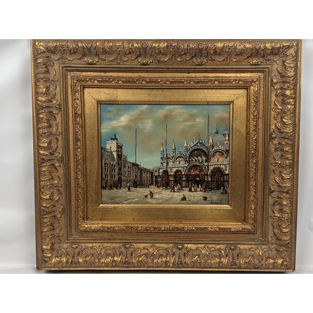 Wood Framed Venetian Piazza San Marco Original Oil Painting Signed Rergito, Mid-20th Century For Sale - Image 7 of 14