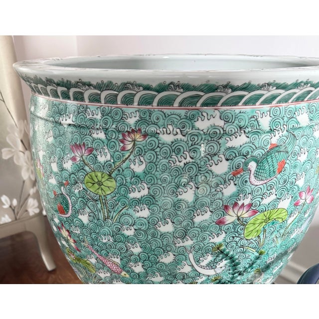 Ceramic Vintage Chinese Famille Vert Fish Pots / Planters With Stands - A Pair For Sale - Image 7 of 10