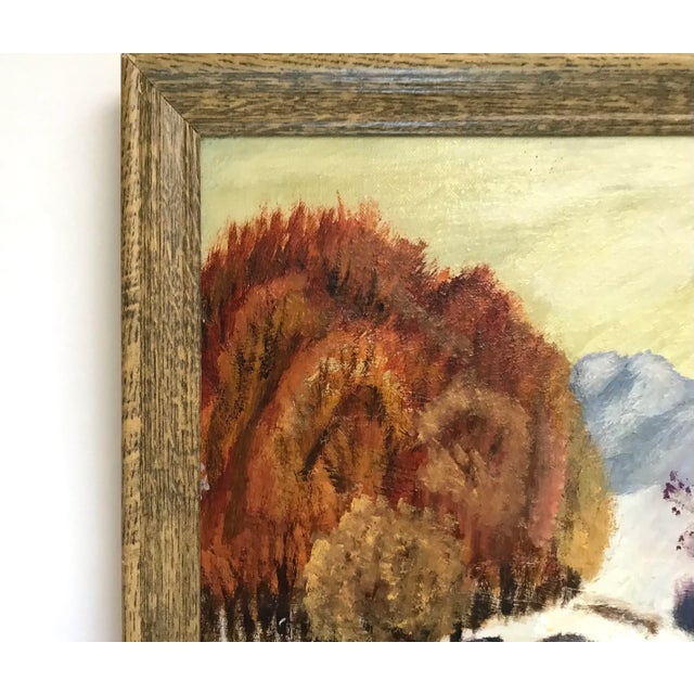 1980s 1980 Mary Dutiel Winter Scene Primitive Oil Painting on Canvas Board, Framed For Sale - Image 5 of 8