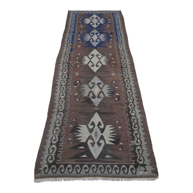 1980s Tribal Brown Handmade Runner Kelim For Sale
