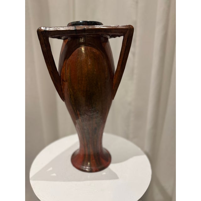 Art Nouveau Vintage French Art Nouveau Pottery Vase With Sculptural Triangular Handles For Sale - Image 3 of 6