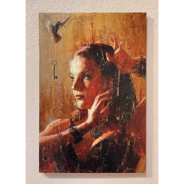 The artwork features a rich interplay of textures and colors, with deep, earthy tones contrasting against vibrant...