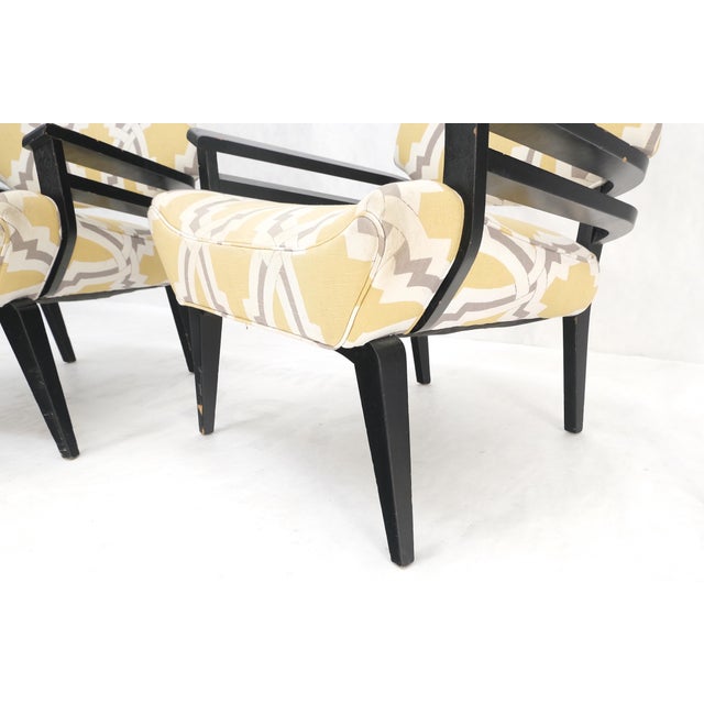 Pair of Mid-Century Modern Black Lacquer Abstract Fabric Lounge Chairs AS IS For Sale - Image 14 of 14