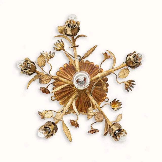 Metal French Tole Rose Flush Mount Ceiling Light For Sale - Image 7 of 8