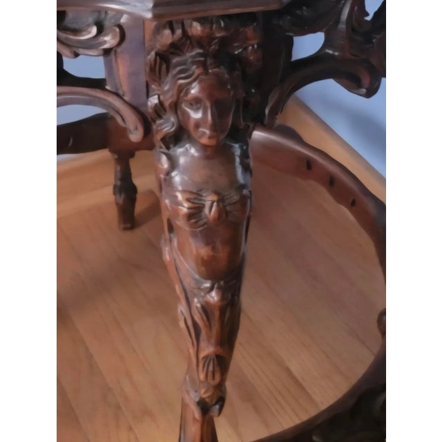 Vintage Carved Round Wood French Accent Table Figural With Floral Inlay Marquerty & Ornate Carved Base Neo Classical For Sale - Image 9 of 9