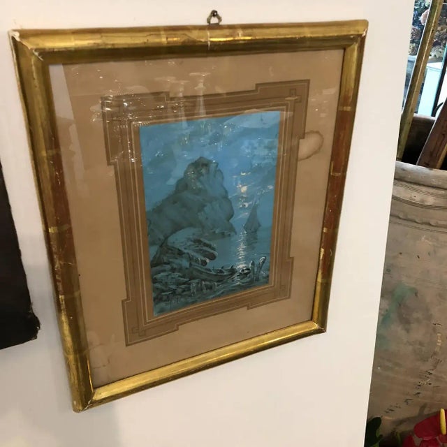 Wood Late 19th Century French Figurative Blue Neapolitan Gouache Paintings, Framed - a Pair For Sale - Image 7 of 11