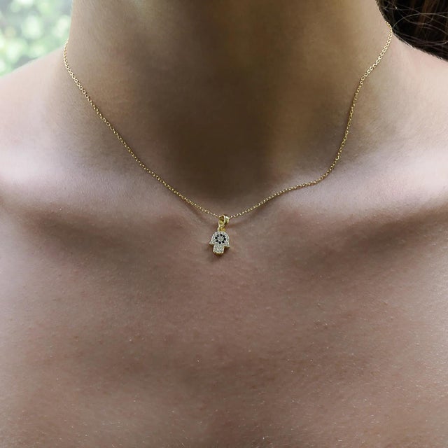 Contemporary Minimalist Diamond Hamsa Hand Gold Lucky Necklace For Sale - Image 3 of 7
