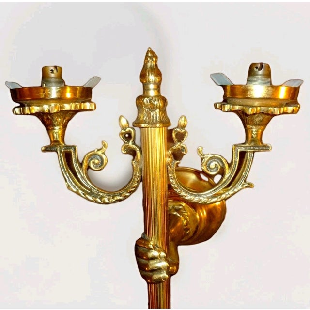 Antique 20" French Regency Brass/ Bronze Hand Held Torch Wall Sconce With Flame Shades For Sale - Image 15 of 18