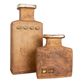 Swedish Brutalist Style Stoneware Vases with Glazed Collar by Curt Magnus-Addin, 1970s, Set of 2 For Sale