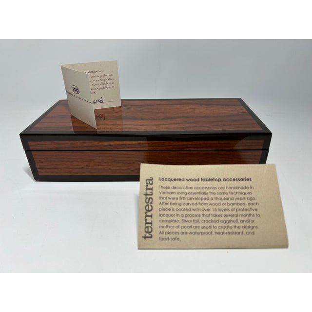 Pacific Connections hand-crafted and polished Rosewood inlay with brown lacquer keepsake box. Lift off lid (not hinged)....