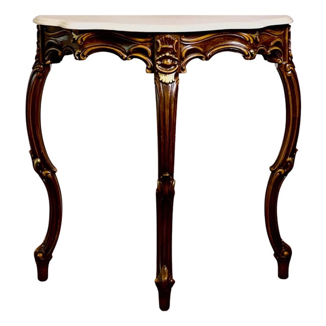 French Louis XV Style Console Table, Carved Walnut With Gilt, Marble Top, C. 1920 For Sale