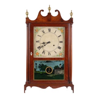 Early 19th C. American Mahogany Pillar & Scroll Clock With Églomisé Landscape Scene For Sale