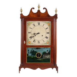 Early 19th C. American Mahogany Pillar & Scroll Clock With Églomisé Landscape Scene