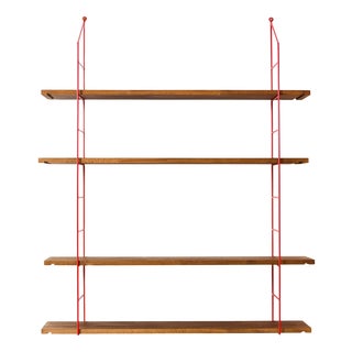 Red Shelving System with 4 Wooden Shelves, 1970s For Sale
