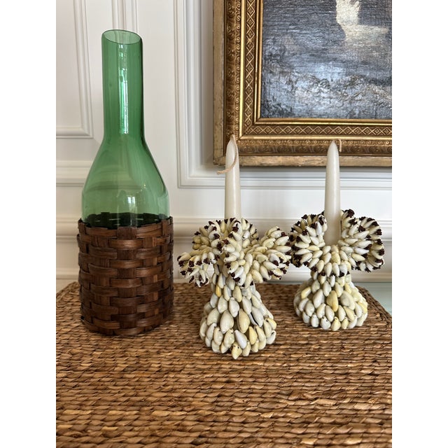 Vintage 13.5” Mid-Century Italian Emerald Green Glass Carafe With Fitted Woven Sleeve For Sale - Image 12 of 15