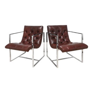Vintage Milo Baughman Style Leather Tufted Cube Scoop Chrome Side Chairs Pair of Restored For Sale
