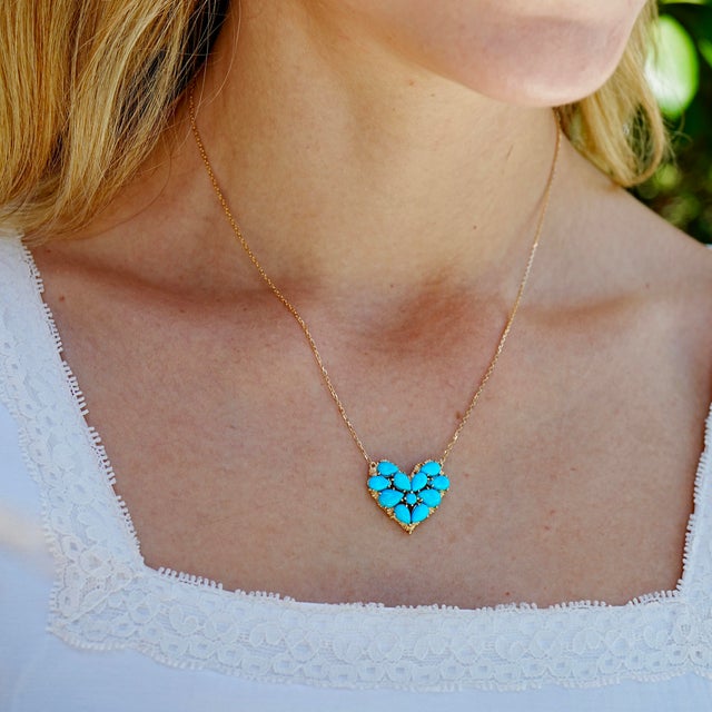 Metal Nina Zhou Fantasy 4.40ctw Turquoise Heart Pendant Necklace in 14k Yellow Gold For Sale - Image 7 of 8