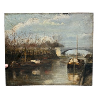 Eugène Penot, Moored Boats, 1890s-1910s, Oil on Canvas For Sale