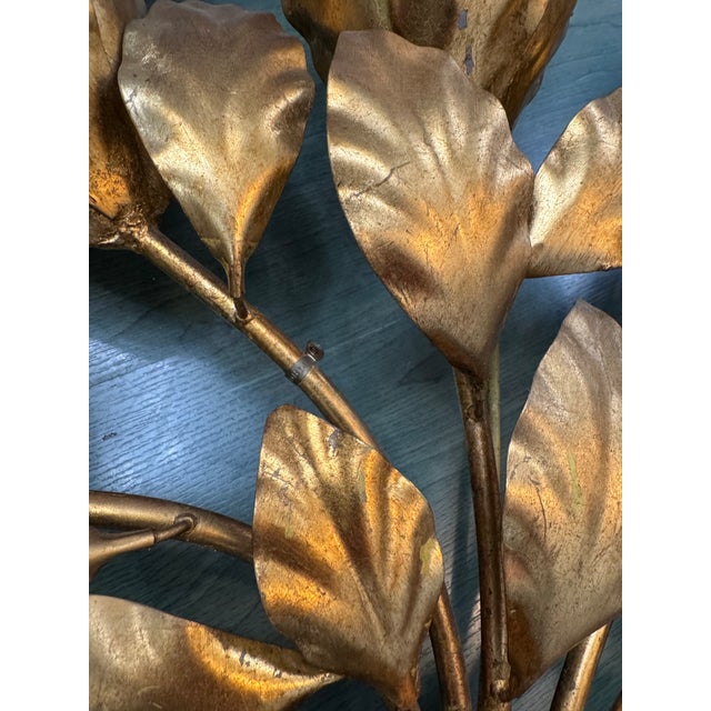 Large Vintage Brass-Tone Aluminum Leaf Wall Sconce, Sculptural Botanical Wall Lamp, Mid-Century Style For Sale In San Francisco - Image 6 of 11