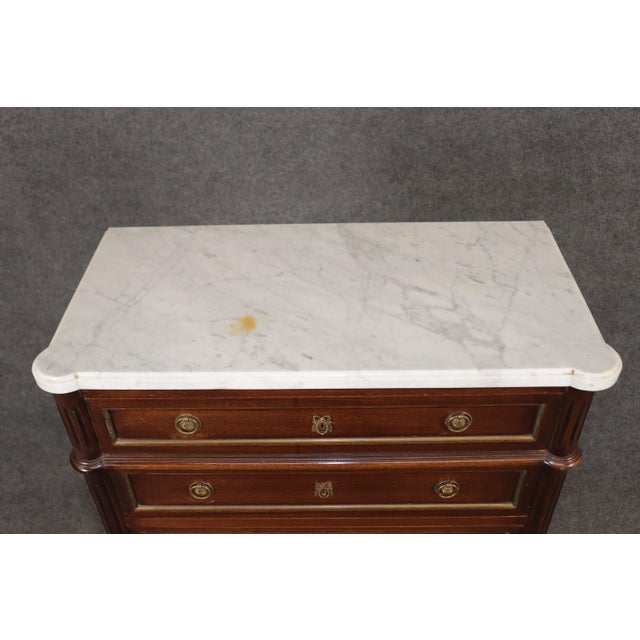 Brown Antique French Louis XVI Style Marble Top Brass Mounted 7 Drawer High Chest For Sale - Image 8 of 13