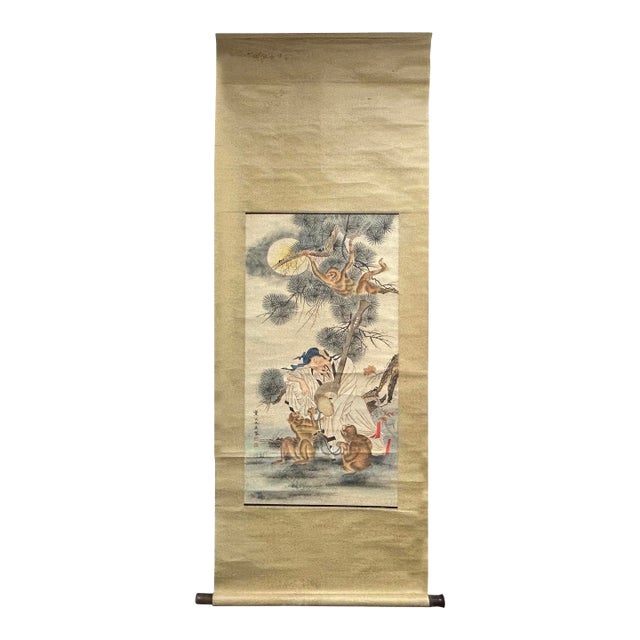 Oriental Scholar Monkeys Ink Brush Color Scroll Painting Wall Art For Sale