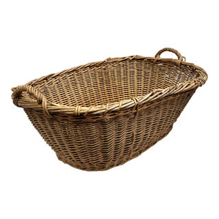 Vintage French Woven Wicker Oval Market Basket For Sale