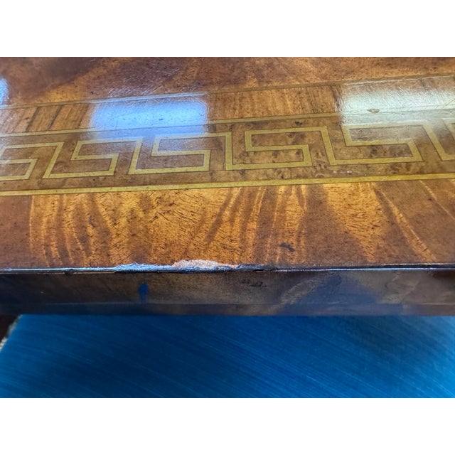 Regency Style Burl Wood Double Pedestal Dining Table With Brass Greek Key Inlay & Two 25” Leaves For Sale - Image 10 of 12