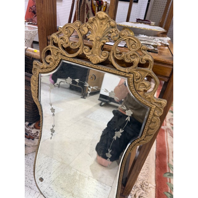 Victorian Antique 19th Century Ornate Etched Beveled Gilt Wooden Wall Mirror 17x31 For Sale - Image 3 of 4