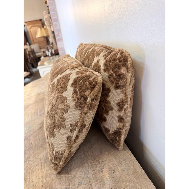 Pair of Cut Velvet Lumbar Pillows, Taupe-Brown Damask, Antique Style For Sale - Image 10 of 10