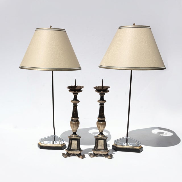 Pair of Italian Neoclassical Black and Silver-Gilt Candlestick Lamps Circa 1820 For Sale - Image 4 of 8