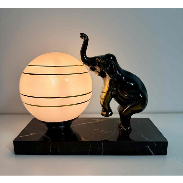 Glass French Art Deco Table Lamp with Elephant Sculpture and Pink Sphere, 1950s For Sale - Image 7 of 9
