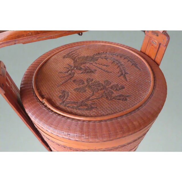 Antique Chinese Three Tier Red Lacquer Woven Twill Basket With Decorative Checker Weaves Lid For Sale In Portland, OR - Image 6 of 12