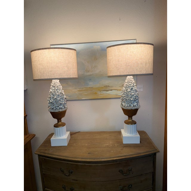 Off-white Vintage Manises Casa Pupo Style Porcelain Floral Lamps With Ceramic Flowers Pair For Sale - Image 8 of 12