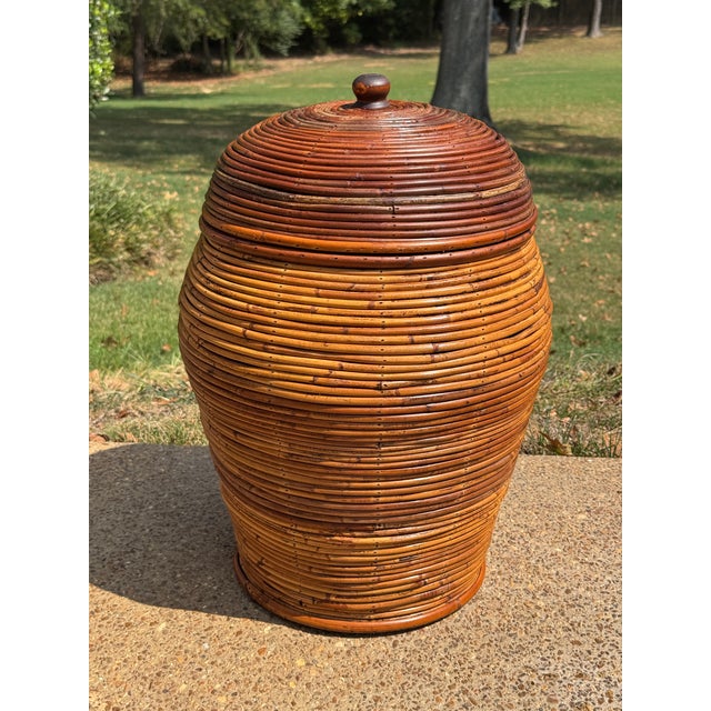 Mid-Century Modern Large Vintage Crespi Style Pencil Reed Rattan Lidded Floor Basket For Sale - Image 3 of 11
