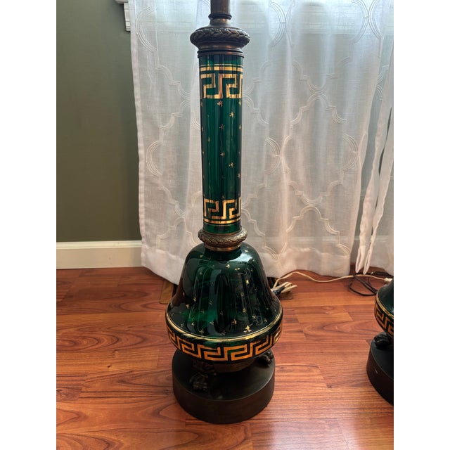 Hollywood Regency 1960s Hollywood Regency Glass and Brass Lamps - a Pair For Sale - Image 3 of 6