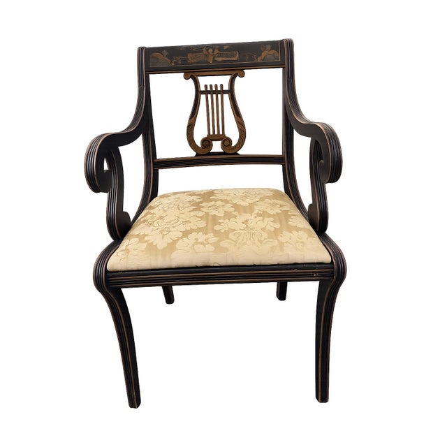 Hollywood Regency Set of Six Regency Style Ebonized and Parcel-Gilt Lyre Back Dining Chairs For Sale - Image 3 of 9