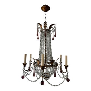 French Amethyst Murano Glass Empire Macaroni Swags Gold Gilt Chandelier C 1900 For Sale