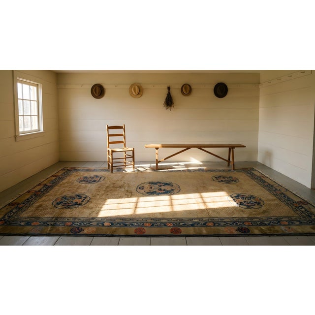 Exceptional Beige Background Color and Blue Border With Animalia Pattern Antique Chinese Rug For Sale - Image 13 of 15