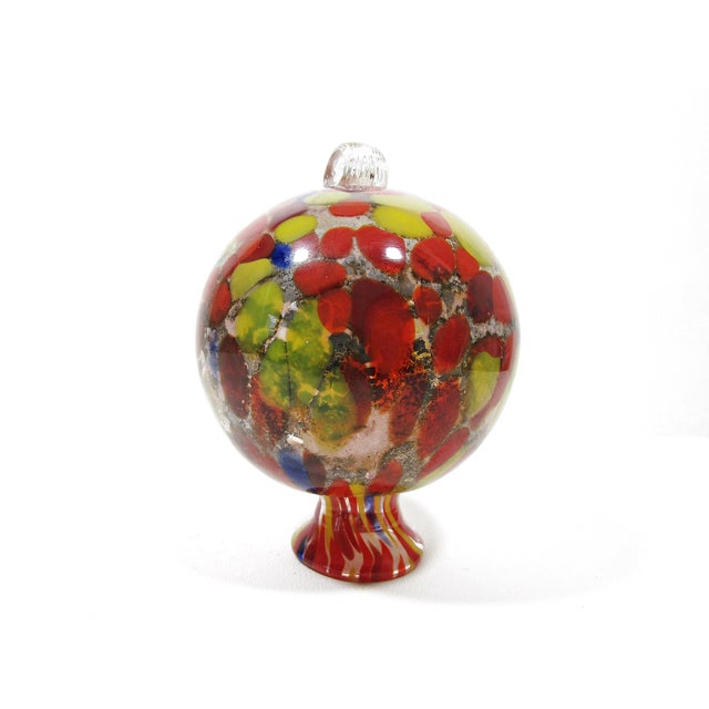 Vintage Hand-Blown Art Glass Witches Ball - Multicolor Speckled Red, Orange, Yellow, Blue For Sale - Image 4 of 10