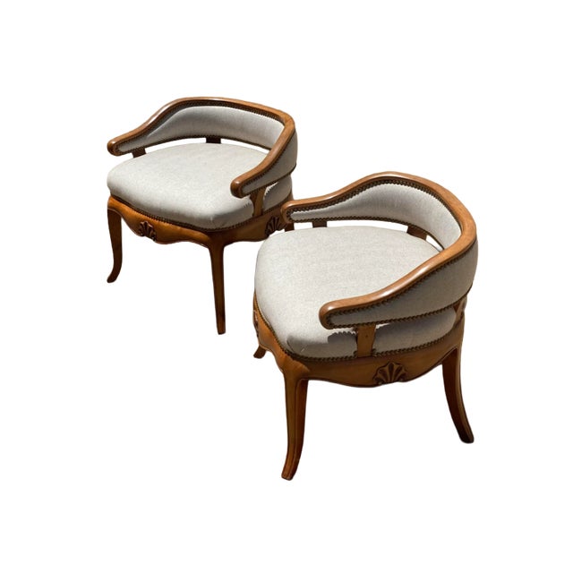 Traditional Mid 20th Century Vintage Walnut Slipper Chairs - a Pair For Sale - Image 3 of 8