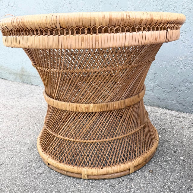 Brown Boho Chic Buri Rattan Circular Inlaid Glass Top Side Tables - A Pair For Sale - Image 8 of 8
