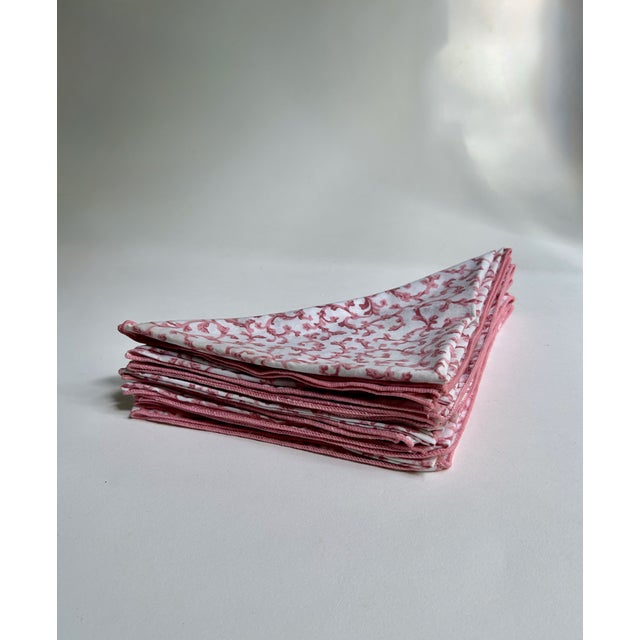 Vintage Set of Seven White Cotton Blend Table Napkins with Peachy Coral filigree design attributed to Croscill Cotswold....