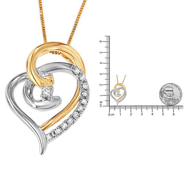 Early 21st Century 10K Yellow and White Gold Diamond Accent Open Double Heart Spiral Curl 18" Pendant Necklace For Sale - Image 5 of 5